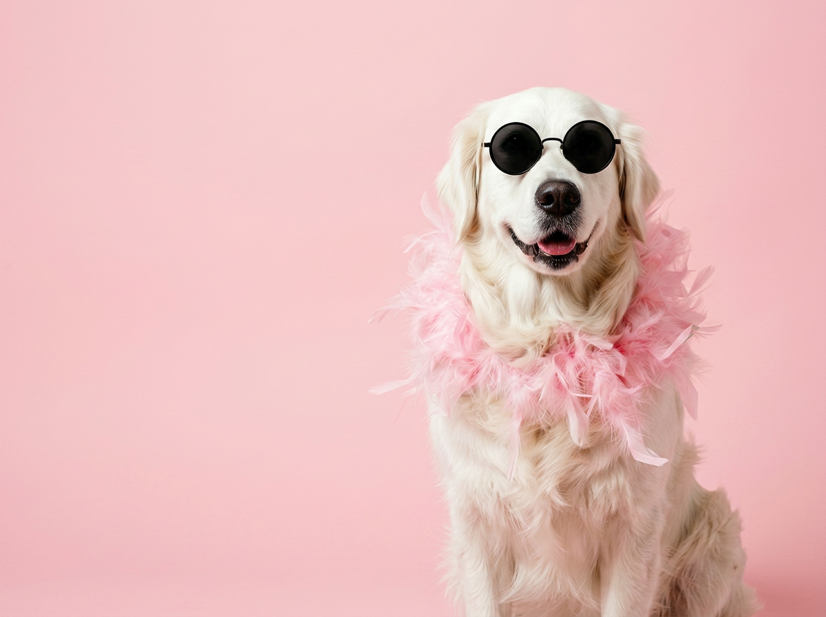 JAYWOX – glad hund med rosa boa, pälsen visar hur hunden mår