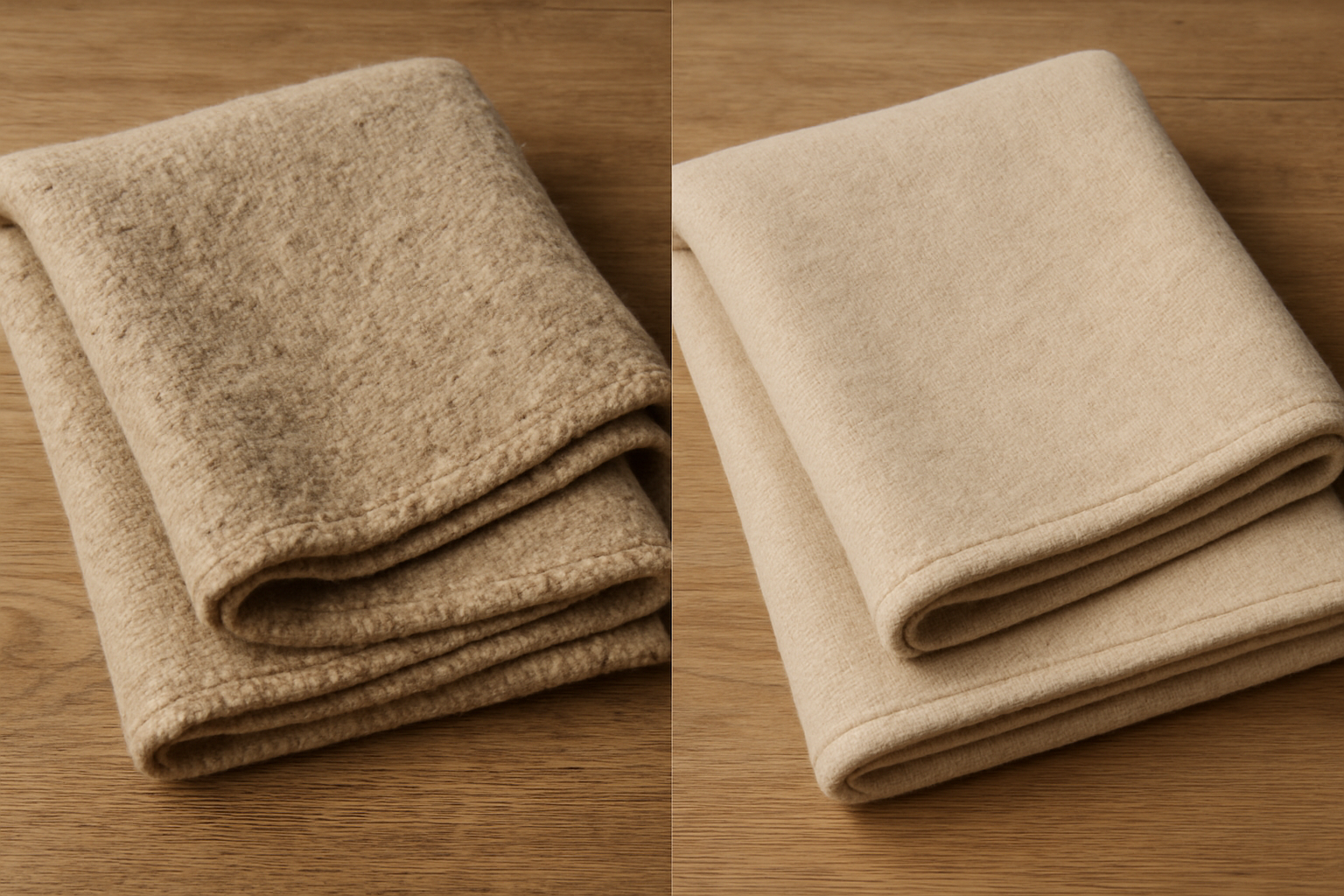 Wool blanket transformation - before with pills on left, after smooth on right
